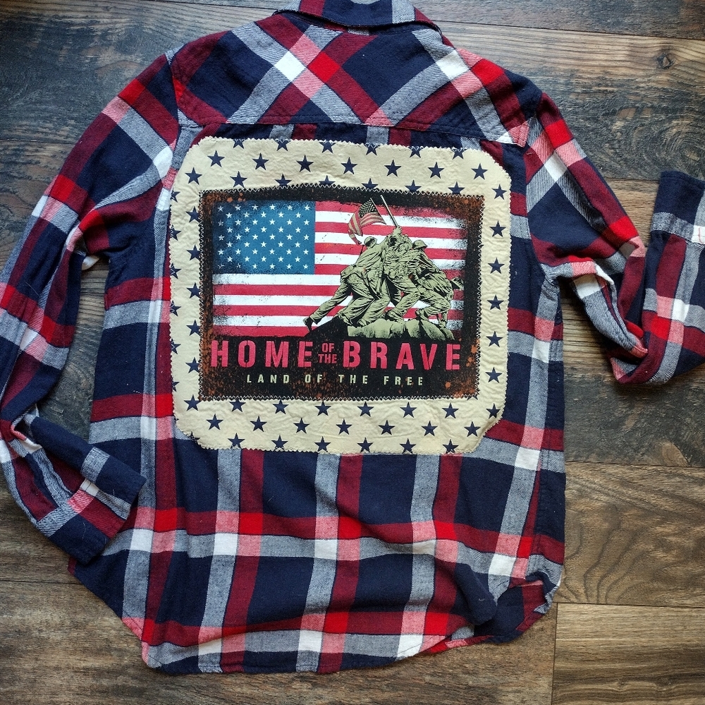 Womens size large upcycled Patriotic graphic flannel